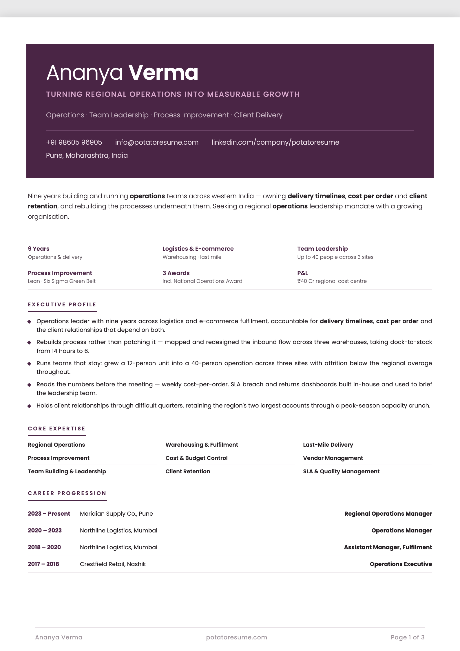 Plum Plate resume template — page one preview